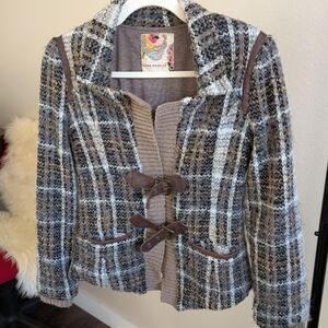 Free People plaid wool blend jacket with faux leather, brass, and knit details